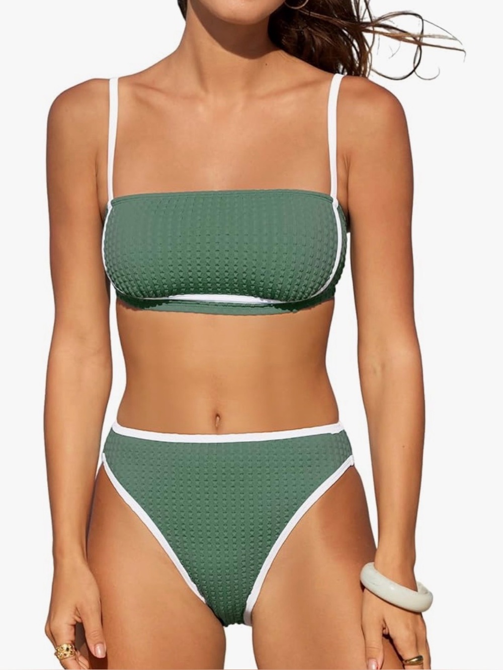 Cupshe’s Women’s Chic Sporty Textured Contrast Trim Bikini in Green/White Size M